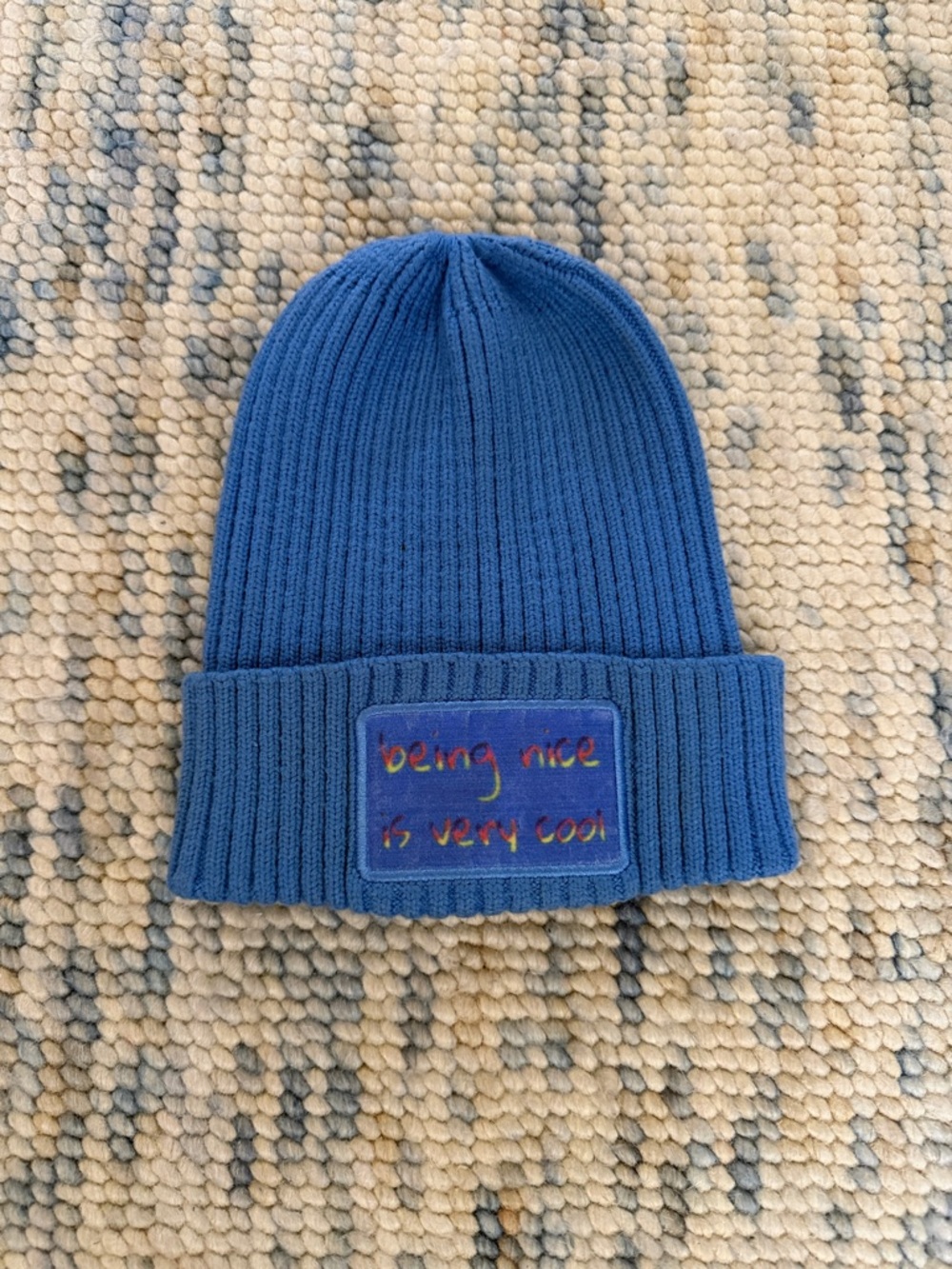 Blue Knit Beanie - "Being Nice Is Very Cool" Patch